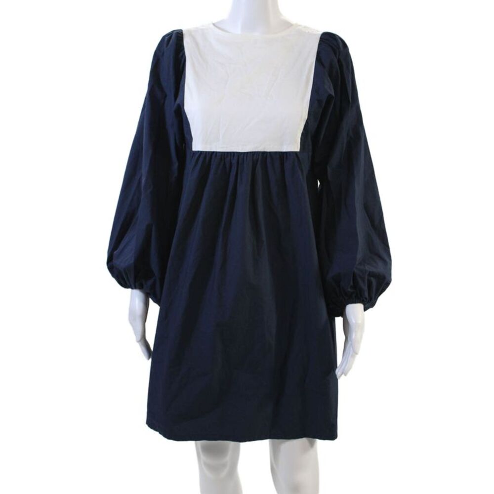 Designer Womens 3/4 Sleeve Crew Neck Mini Shift Dress Navy White Cotton Small